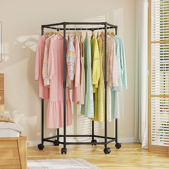 Clothes Rack with Wheels, Hexagonal Rolling Clothing Rack for Hanging Clothes, Clothes Drying Rack, Garment Storage for Bedroom, Laundry, Balcony (47" H)