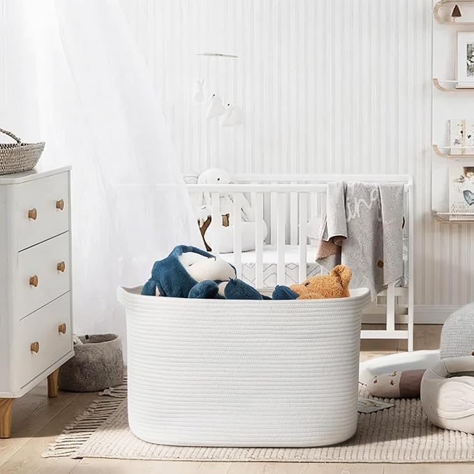 MEGASKET Extra Large White Storage Basket, 23.6" x 17" x 12" Rectangle Blanket Storage for Living Room, White Woven Cotton Rope Basket, Big Kids Toy Box Bin, XXXL Wicker Laundry Baskets for Organizing