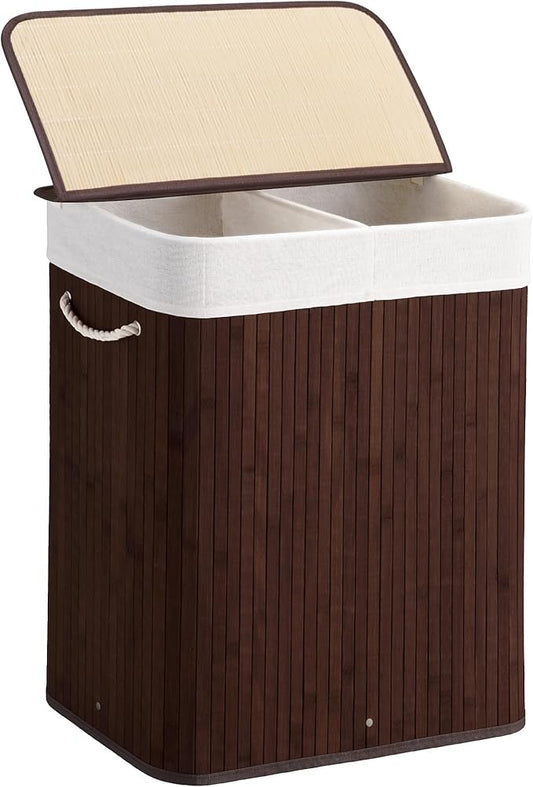 Aliphon 100L Laundry Hamper with lid, 2-Section Clothes Laundry Basket with Handles, Large Collapsible Bamboo Baskets for Bedroom, Bathroom, Dorm, Brown