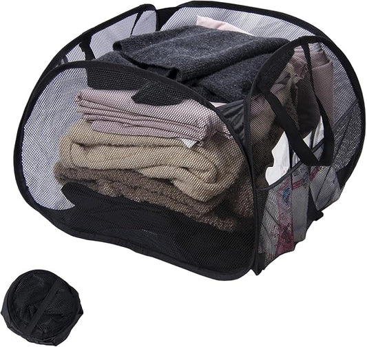 Collapsible Laundry Basket, 90L Foldable Pop-up Laundry Hamper with Handles, Mesh Dirty Clothes Hamper for Laundry, Bathroom, Kids Room, Dorm,Travel or Camping (Black)