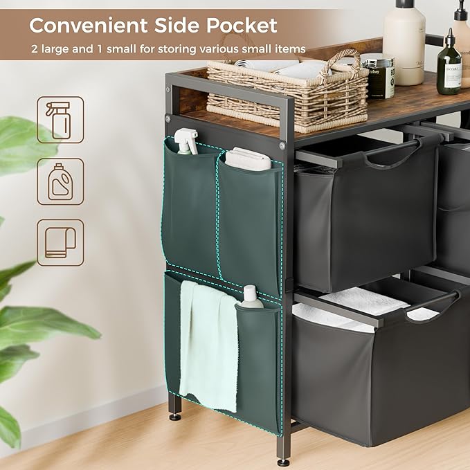 Mondeer Laundry Hamper with 3 Compartments, 100L Laundry Sorter with Wheels, Laundry Basket with Small Side Pockets and Pull-Out Removable Liners for Bedroom Bathroom