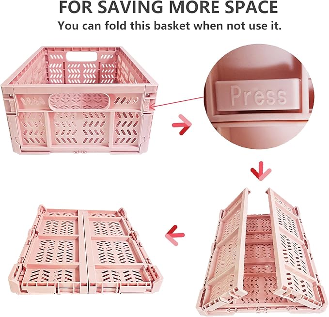 20L Foldable Crates, 4Pack Plastic Baskets for Home and Office,Plastic Folding baskets,Collapsible Crates for Chrismas Gifts, Toys Storage. (Light Pink,15.7x11.8x6.3Inc)