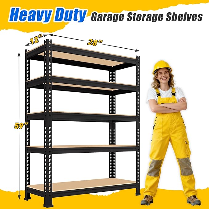 5-Tier Metal Storage Shelves: Heavy Duty Garage Shelving Adjustable Shelves for Storage - Black Utility Rack Shelf for Pantry, Warehouse, Closet, Office, Kitchen, 28" W x 12" D x 59" H