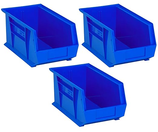 Quantum Storage K-QUS240BL-3 3-Pack Stack and Hang Plastic Bin Storage Containers, 14" x 8" x 7", Blue