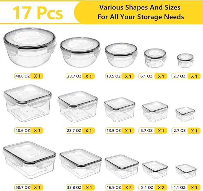 34 PCS Food Storage Container with Lid (17 Lids & 17 Containers) - Reusable Plastic Food Containers for Kitchen Storage and Organization BPA-Free Leakproof Meal Prep Container with Labels & Pen