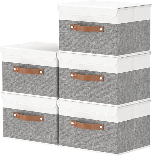 OUTBROS Fabric Storage Bins Cube Organizers with Flip-Top Lid and Handles,Storage Boxes for Organizing Home,Office,and Closet,White/Grey,5 Pack 10.2 x 7.9 x 6.7 in