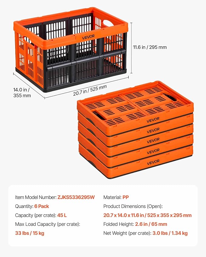 VEVOR Plastic Collapsible Storage Bins, 45L 6 Packs, Stackable Folding Storage Crates with Handles, Holds 33 lbs Per Bin, Foldable Heavy Duty Containers, Space-Saving Baskets, for Home Organizing