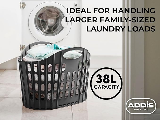 Addis Flat Easy Store Laundry Basket Hamper, Dark Grey, 38 Litre 518150