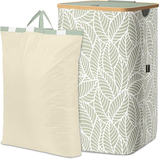 BALEINE Laundry Hamper with Lid, Tall Laundry Baskets with Bamboo Pull Handles, Large Laundry Bin with Internal Support (18 Gal/70L, Antique Foliage)