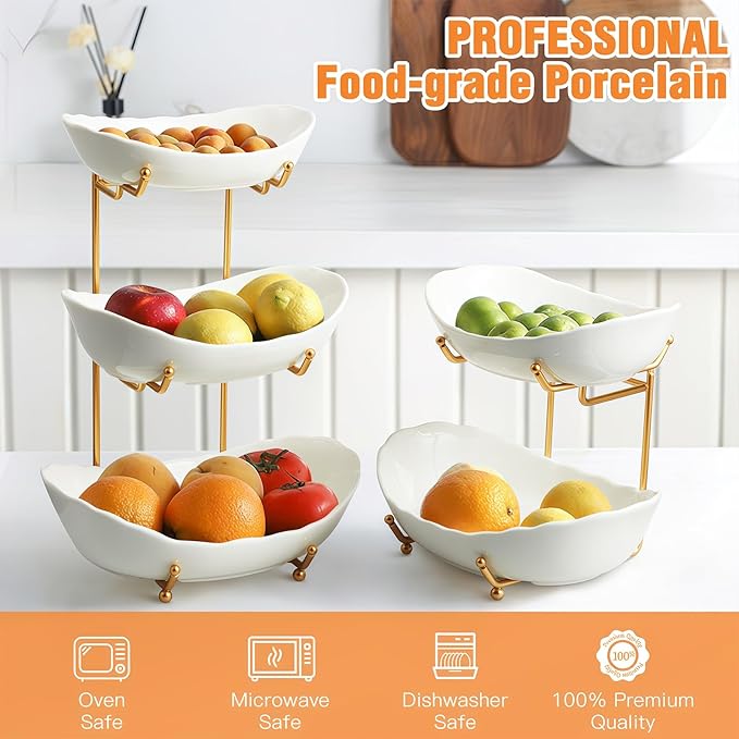 Ceramic Fruit Bowl for Kitchen Counter - 3 Tier Fruit Basket with Metal Stand, Tiered Fruit Stand for Countertop, Snack, Nuts, Cake, Dessert, Cute (Gold, Small) 1
