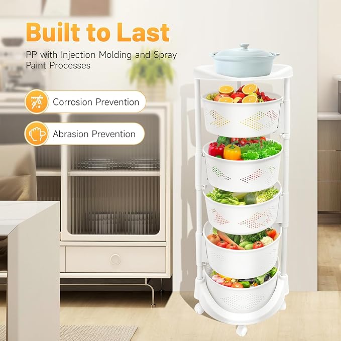 5 Tier Rotating Kitchen Storage Basket Rack Storage Shelf Cart Fruit Vegetable Organizer with Casters Rolling Multi-Layer Round Bin Storage Space Saver for Home Household Grocery