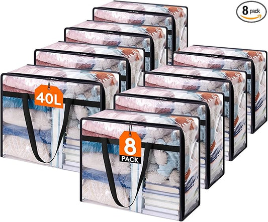 Lifewit 8 Pack Clear Clothes Storage Bags, 40L Plastic Blanket Storage Bag, Vinyl Foldable Moving Bags with Zipper, Closet Organizers and Storage Containers for Bedding, Duvet, Comforter
