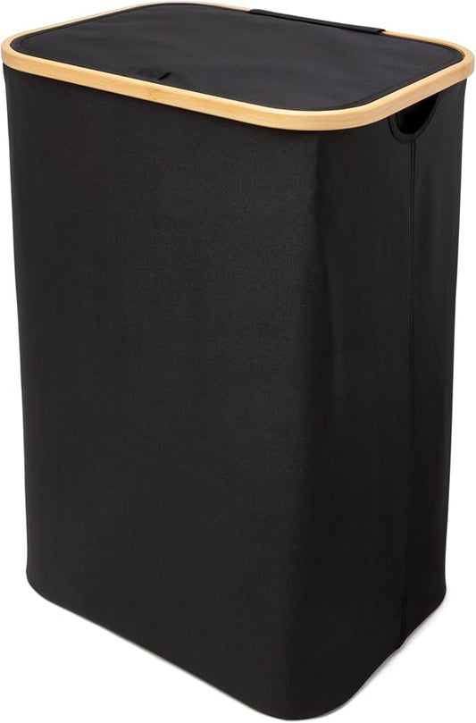 QUALIAZERO 87L Laundry Hamper with Lid – Single Section Bamboo Frame Hamper with Removable Inner Bag & Pull-Tab Cover, Slim Design for Bedroom, Bathroom, or Laundry Room (ONYX BLACK, SINGLE)