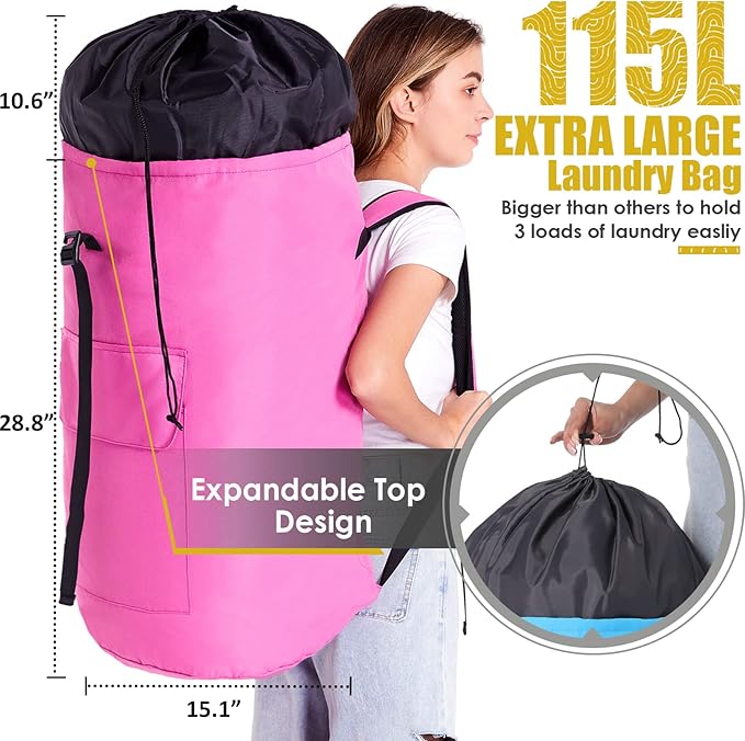 Backpack Laundry Bag, 115L Heavy Duty Extra Large College Laundry Backpack, Dirty Clothes Bag with Shoulder Straps, Laundry Hamper Bag with Drawstring Closure for College Dorm, Apartment Pink