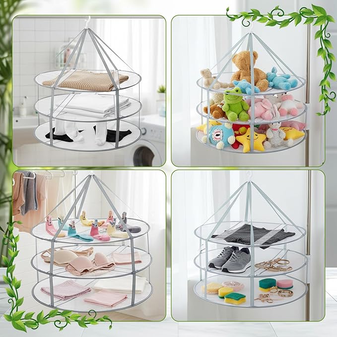 4 Pack 3-Tier Folding Mesh Clothes Hanging Dryer, Large Laundry Drying Rack Sweater Drying Rack with Fixing Band Lay Flat Dry Hanger for Laundry Indoor T-Shirt Swimsuit Sweater Underwear