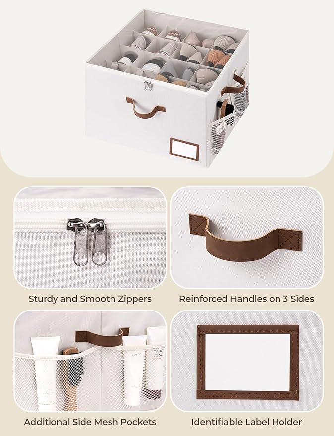 StorageWorks Shoe Organizer for Closet, Shoe Storage Bins with Clear Lid, Fabric Shoe Boxes with Side Mesh Pockets, Closet Shoe Organizer Bin for Slippers and Flats, Holds Up to 16 Pairs, Beige