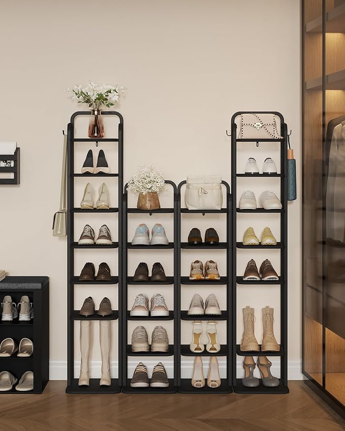 Hzuaneri Vertical Shoe Rack, Shoe Shelves, Wood Shoe Organizer for Closet, Entryway, Shoe Tower for Small Spaces, Free Standing, Adjustable, with 2 Hooks, 6 Tier Black SR04204B