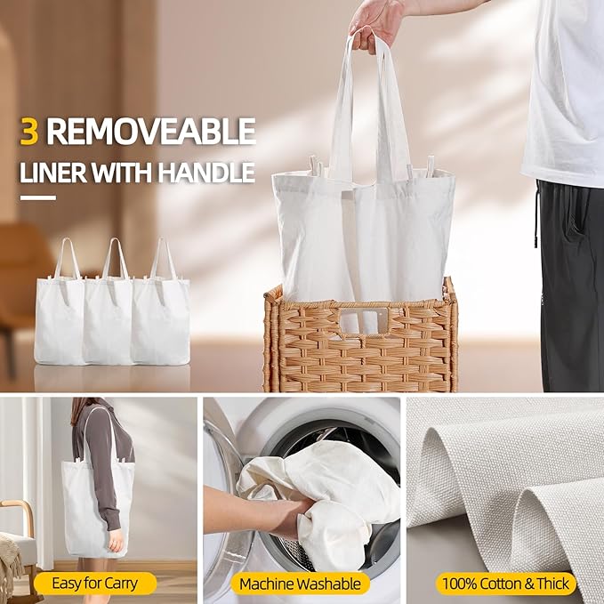 180 L Wicker Laundry Hamper with Lid 3 Section, Extra Large HandWoven Synthetic Rattan Wicker Laundry Basket with Removable Liner Bags for Bedroom Bathroom, Dirty Clothes Hampers Woven Foldable