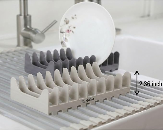 Medium Aluminum Roll Up Dish Drying Rack (17" x 13") - Fits Sinks up to 16 Inches, Heavy Duty Square Bar, Rust-Proof & Heat Resistant with Removable Dish Holder (Beige Medium)
