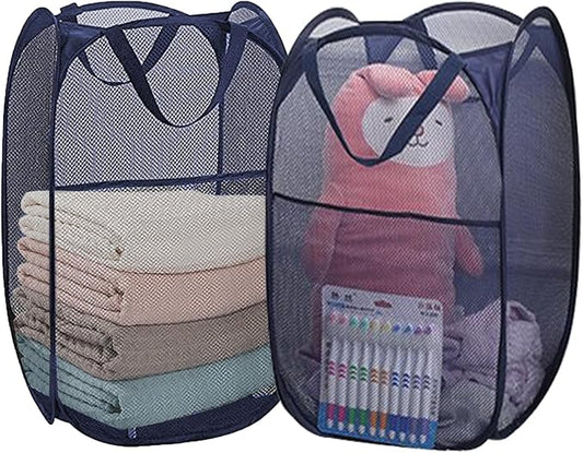 Collapsible Laundry Baskets Mesh Pop Up Laundry Basket Portable Laundry Hamper, Foldable Clothes Basket Storage Hampers (Blue - 2 Pack)