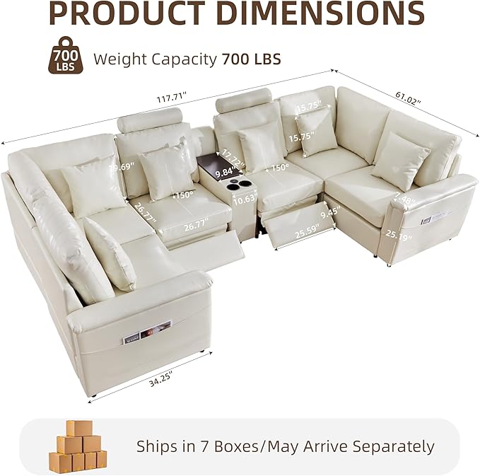 LEVNARY 6-Seat U Shaped Modular Sectional Sofa with Power Recliners, Upholstered Faux Leather Couch Storage Console with Charging Ports & Cup Holders, Living Room Couch Set for Home Office (White)