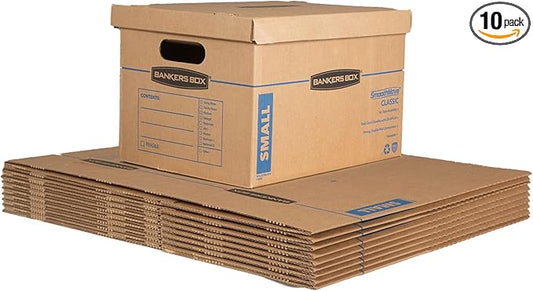 Bankers Box Small Classic Moving Box 10 Pack, Reinforced Handles, Tape-Free Assembly, Box with Lid, 15-In x 12-In x 10-In (7714901)