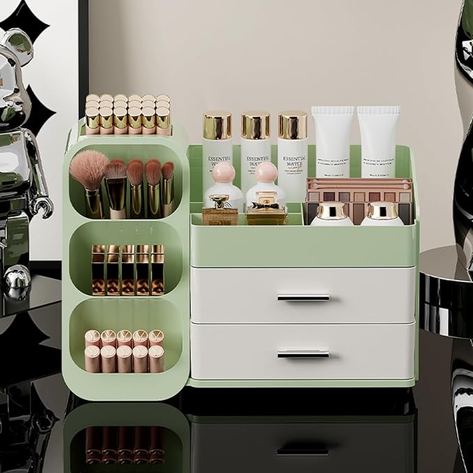 Booklov Makeup Organizer for Vanity, Large Capacity Cosmetic Display Case with Drawers, Countertop Beauty Storage Holder for Skincare, Brush Eyeliner Eyeshadow Lipsticks, Counter Desk, Cream Green