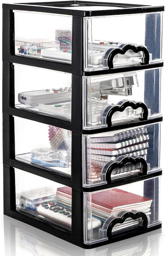 Cididu Desktop Organizer with 4 Drawers, Clear Plastic Storage Drawer Unit, Small Desk Organizer Storage Box, Durable Storage Bin Container Case for Countertop Stationery Pens Makeup Office Supplies