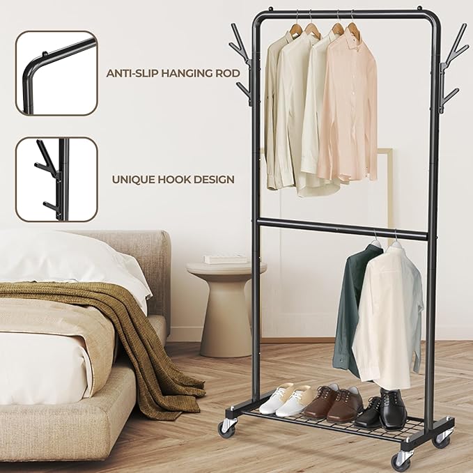 Simple Houseware Double Rod Garment Rack with Wheels and Hooks, Black