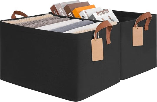 CHICVITA Storage Baskets for Shelves, Extra Large Closet Storage Bins with Metal Frame, Foldable Toy Storage Organizer for Nursery, Living Room, 19" L x 13" W x 11" H, Black, 2-Pack