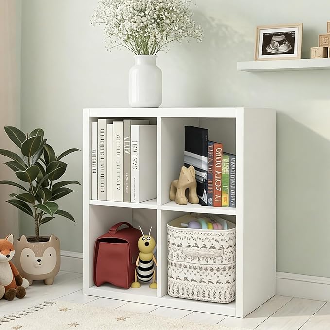 CTESNE【2026 Wooden Thick Frame 4 Cube Storage Organizer Shelf with Anti-Tipping Kits + Reversible Open Back Bookcase, Horizontal and Vertical Dual-use（White,11inch）