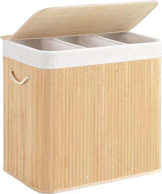 Aliphon 150L Laundry Hamper with lid, 3-Section Clothes Laundry Basket with Handles, Large Collapsible Bamboo Baskets for Bedroom, Bathroom, Dorm, Natural Beige