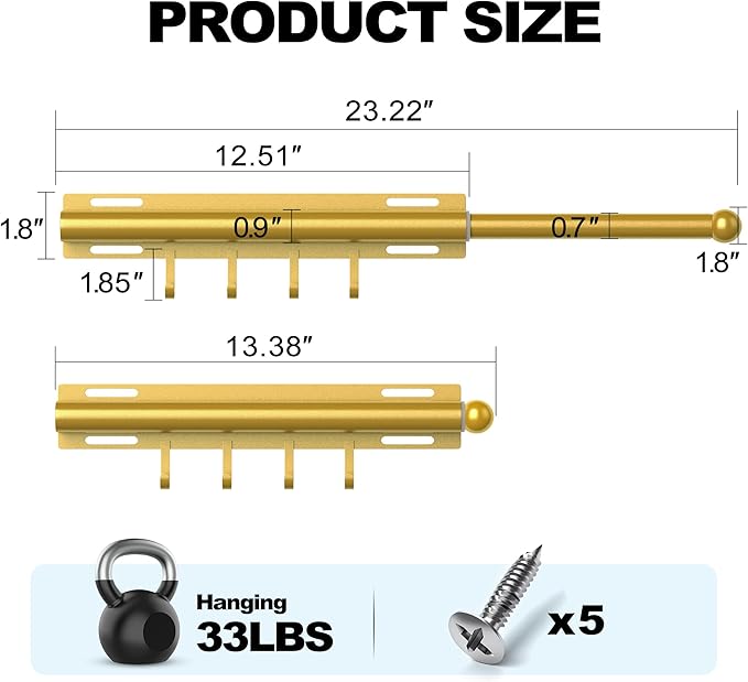 Valet Rod for Closet Retractable with 4 Hooks, 13.4"-23.2" Pull Out Clothes Hanger Rail, Heavy Duty Alloy Steel Side Mount Wardrobe Bar, Adjustable Organizer for Laundry, Bathroom, Entrance (Gold)