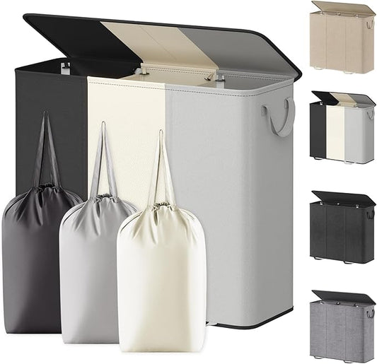 Lifewit Triple Laundry Hamper with Lid and Removable Laundry Bags, Large Collapsible 3 Dividers Dirty Clothes Basket with Handles for Bedroom Laundry Room Closet Bathroom College,185L Black&White&Gray