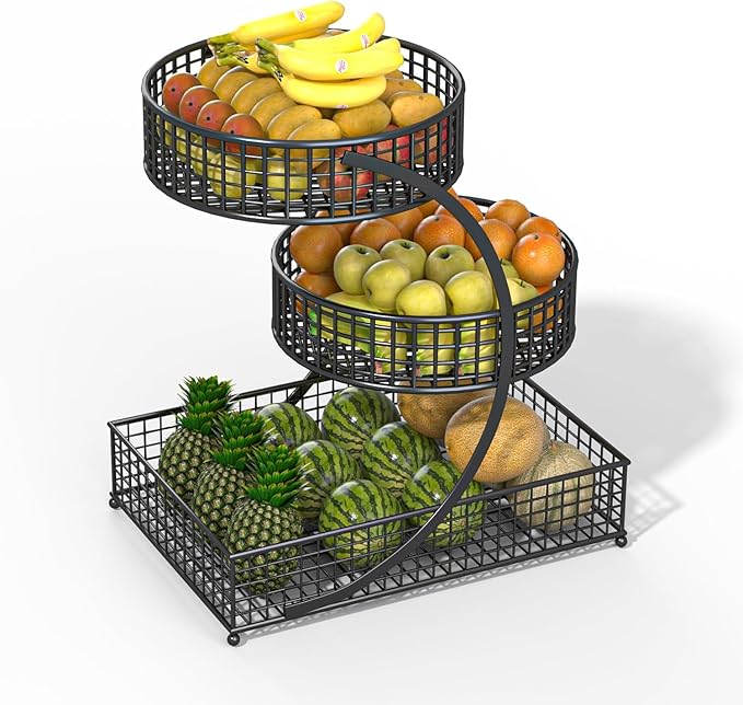 3-Tier Metal Multi-Functional Organizer Basket | Makeup, Skincare, Fruit & Spice Storage Rack | Countertop Vanity, Bathroom & Kitchen Organizer Holder | Stylish Black Wire Shelf (Black)