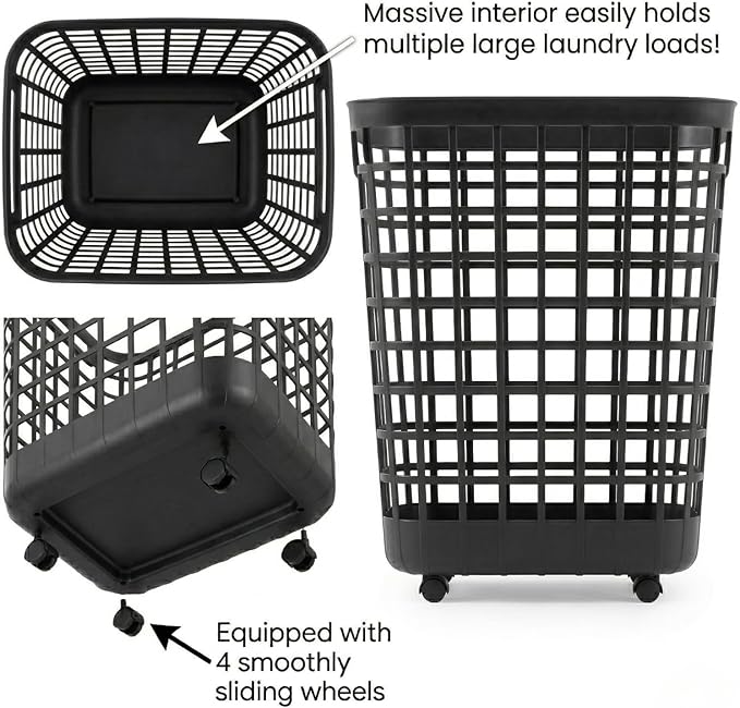 Rolling Laundry Hamper with Smooth-Glide Wheels, 2.6 Bushel Large Capacity Plastic Clothes Basket, Tall Ventilated Open-Top Bin for Easy Access, No Assembly Required Space Saving Storage, Black