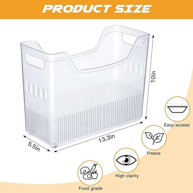 Beeveer 4 Pcs Plastic Freezer Organizer Bins with Wheel Tall Narrow Kitchen Pantry Organizer Snack Storage Containers for Office Refrigerator(10 x 13.3 x 5.5 Inch)