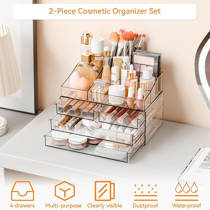 Yieach Acrylic Make up Organizers for Counter,Desk and Vanity,2 Pack Stackable Bathroom Counter Organizer with Drawers,Large Clear Makeup Organizers and Storage for Skincare,Cosmetic,Beauty Products