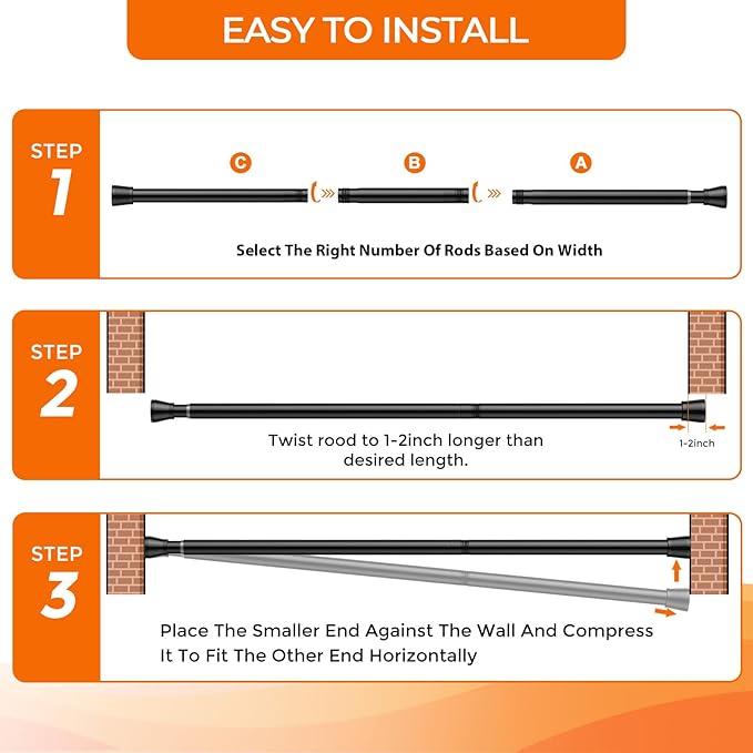 Tension Curtain Rod 28-48 Inch 7/8" Diameter, Adjustable No Drilling Rustproof Black Spring Loaded Curtain Rods for Window, Doorway, Bathroom, Closet, Kitchen, Shower Stall