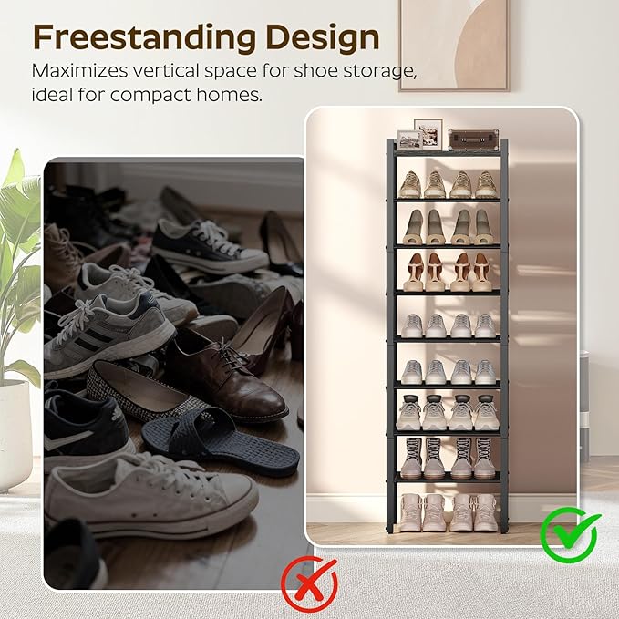 YATINEY 8-Tier Narrow Shoe Rack, Tall Shoe Rack for 8-16 Pairs, Slim Shoe Storage Organizer with Wooden Top, Space Saving, Metal Frame, for Entryway, Charcoal and Black SS608BC