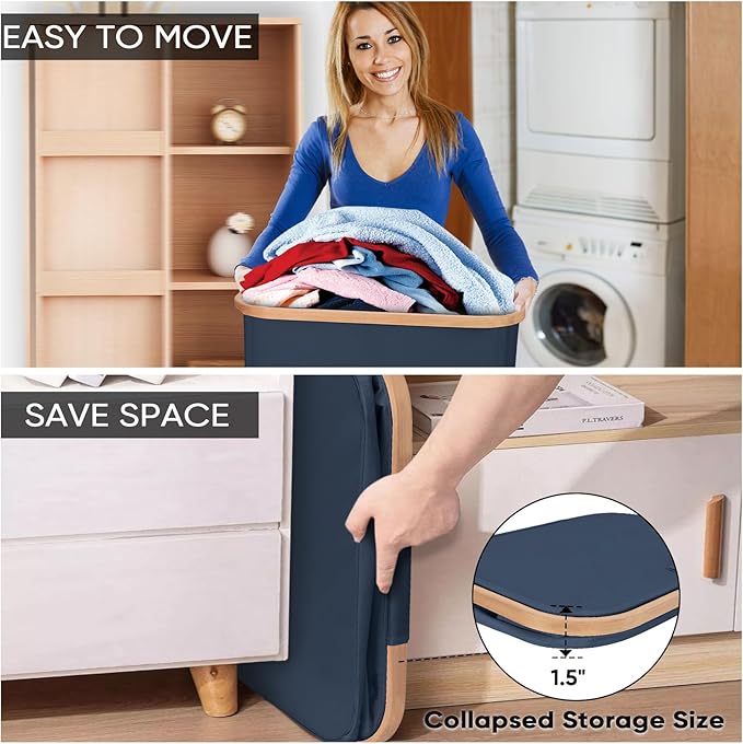 BALEINE Laundry Hamper with Lid, Tall Laundry Baskets with Bamboo Pull Handles, Large Laundry Bin with Internal Support (18 Gal/70L, Blue)