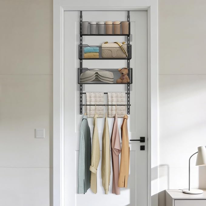 VyGrow Over the Door Storage Organizer with 3 Tier Mesh Baskets 2 Hanging Rods, 2 Mounting Options, Heavy Duty Clothes Hanger & Towel Rack for Bathroom Bedroom Office, Black