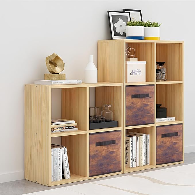 PowerKing Collapsible Storage Cubes with Handles, Fabric Foldable Bins for Closet Shelves, Durable Organization Storage Bins, 10.5'' x 11'' x 10.5'' (6Pack, Vintage Wood Grain)