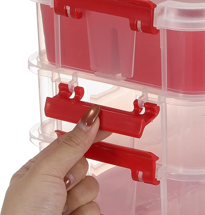 JUXYES 2Pack 3-Tiers Stack Carry Storage Box With Divided Tray, Transparent Stackable Storage Bin With Handle Lid Latching Storage Container for School & Office Supplies, Red