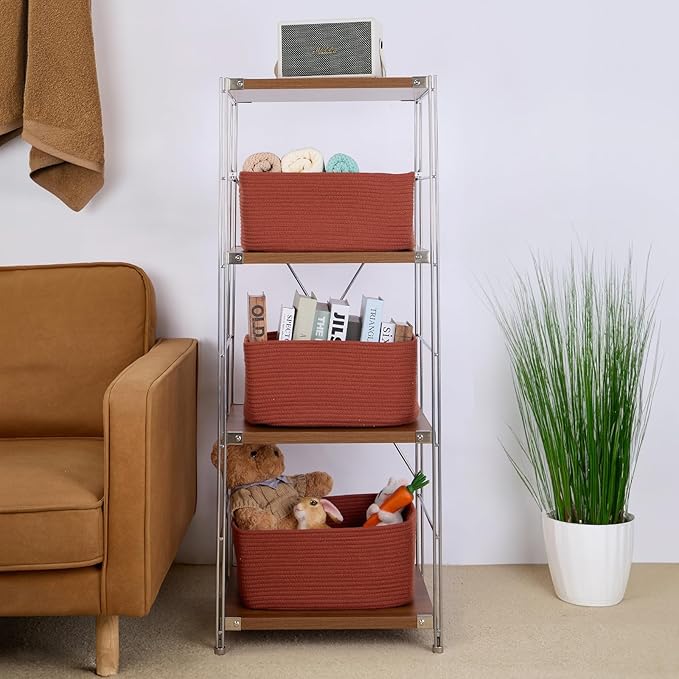 MiniArk Large Storage Baskets for Organizing, Closet Shelf Baskets for Clothes Blanket Towels, Baby Nursery, Toy Bins Box, Woven Rope Baskets, 17 x 13 x 7.5”, 4 Packs Oxide Red
