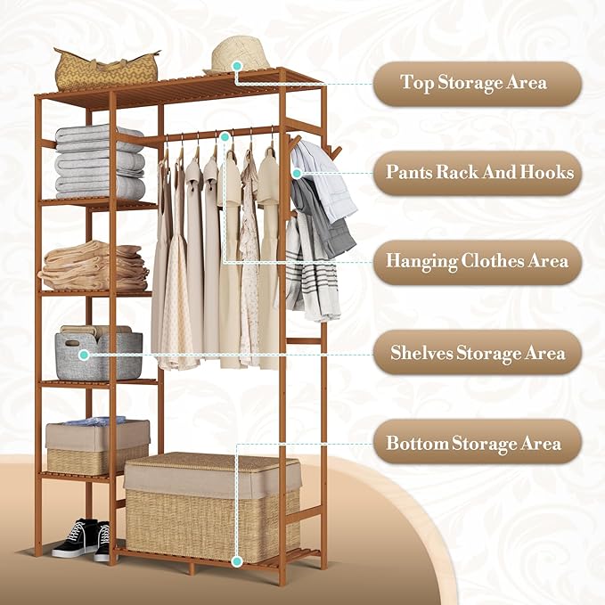 Athena Collection 35" Bamboo Garment Rack Multi Tier Clothes Rack Storage Shelves with Side Hooks & Pants Rack, Heavy Duty Clothing Hanging Rack Freestanding Indoor Wardrobe Closet Organizer, Brown