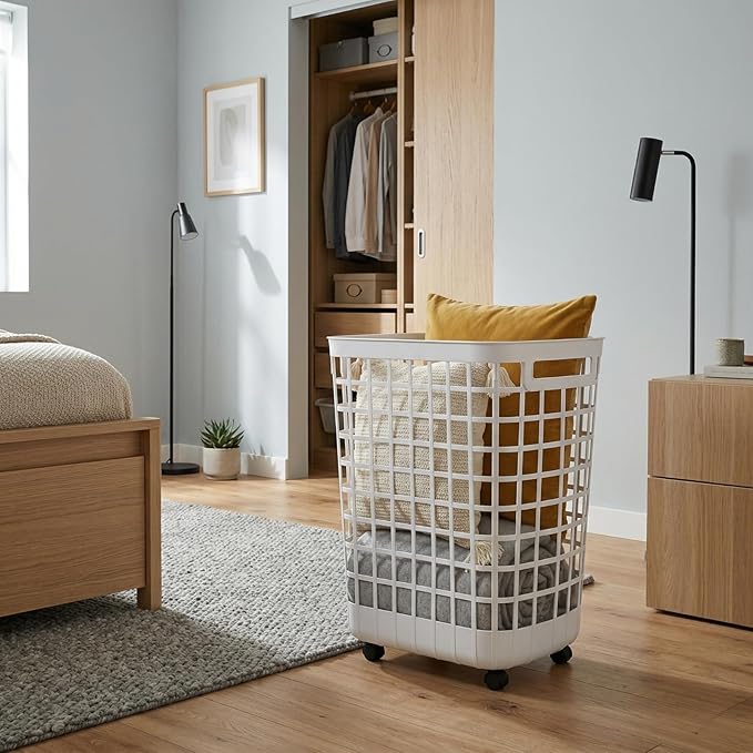 Rolling Laundry Hamper with Smooth-Glide Wheels, 2.6 Bushel Large Capacity Plastic Clothes Basket, Tall Ventilated Open-Top Bin for Easy Access, No Assembly Required Space Saving Storage, White