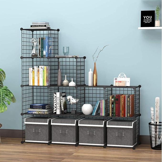 HUBSON Wire Cube Storage Organizer, Book/Toy/Craft/Potted Plants and petCloset Organizers and Storage Shelves, 12-Cube Freely Combinable Metal Grids Storage Shelf,Black Iron