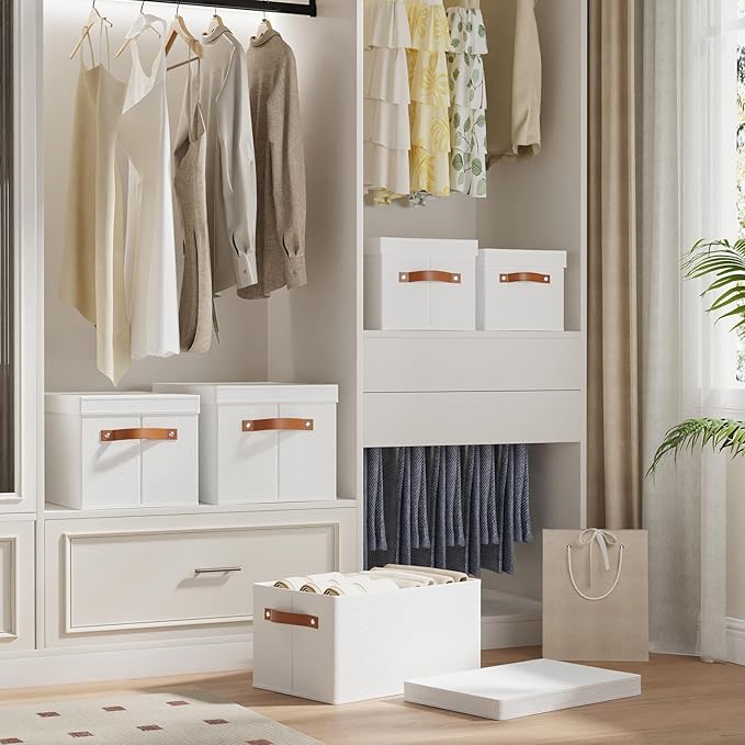 Fabric Storage Boxes with Lids, 7.1 x 9.1 x 13 Inch Clothes Bins for Shelves, Closet Organizers for Organizing with Handles, White, 3-Pack