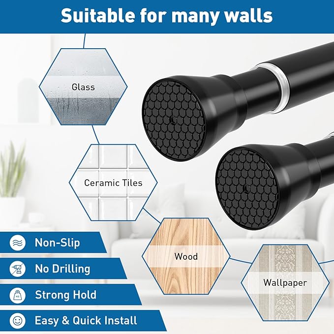 Black Tension Rod 16 to 26 Inch 2 Pack Small Tension Rod Adjustable Curtain Rod Spring Rod No Drilling Expandable Pressure Curtain Rods for Bathroom,Doorway,Door